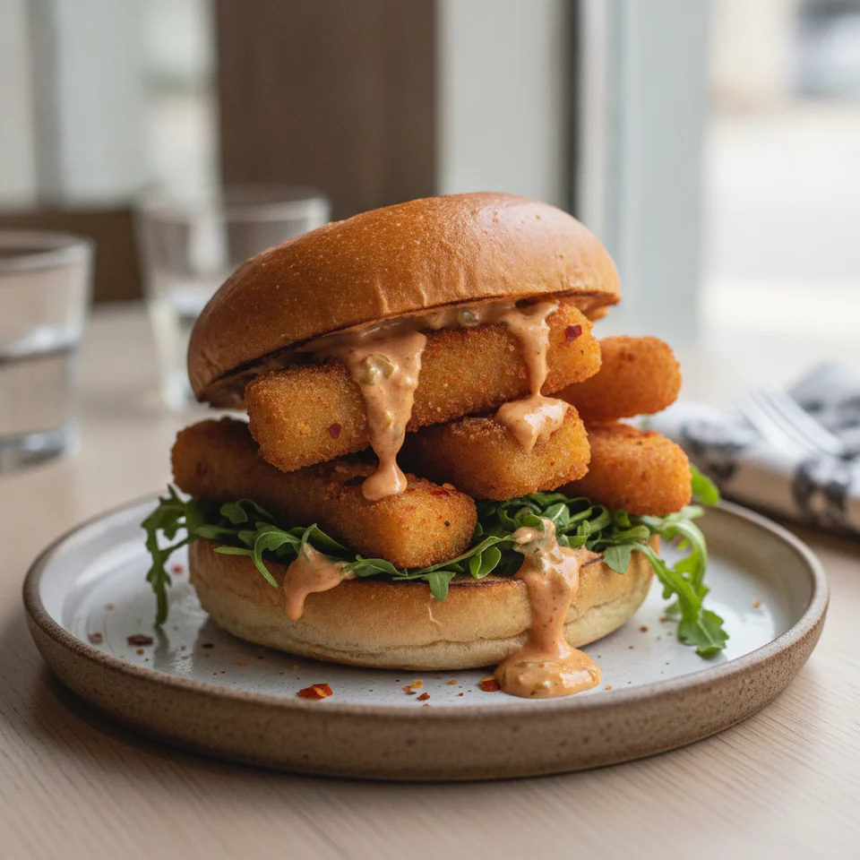 Scharfes Fischstäbchen-Sandwich mit russischem Dressing & Rucola
