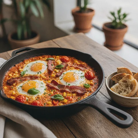 Spicy Baked Eggs with Tomatoes and Bacon