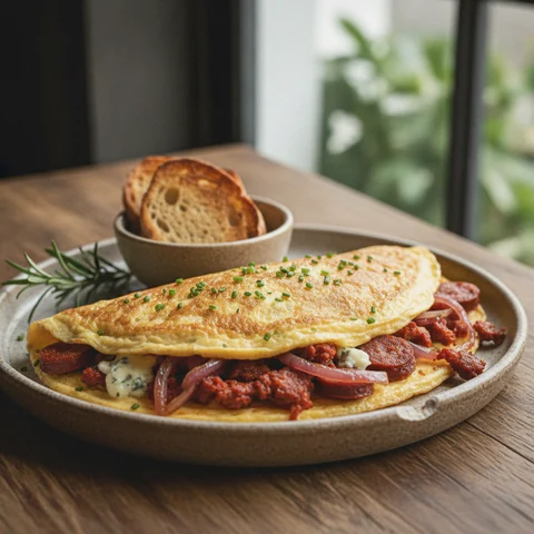 Super Omelette with Chorizo, Red Onions and Blue Cheese