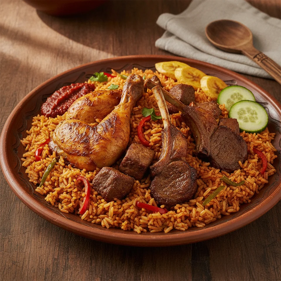 Nigerianischer Jollof-Reis mit Hähnchen, Rind oder Lamm