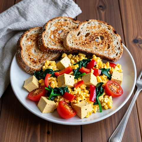 Tofu-Rührei mit Gemüse und Vollkornbrot