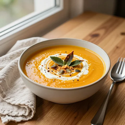 Geröstete Kürbis-Apfel-Suppe mit Salbei-Kernen