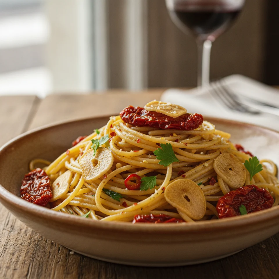 Pasta Aglio e Olio mit getrockneten Tomaten