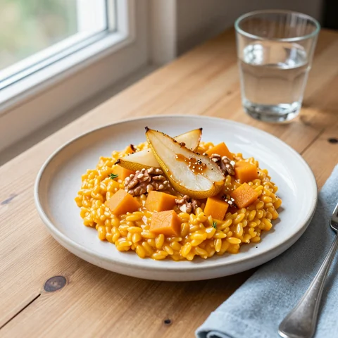 Kürbisrisotto mit Gorgonzola, Birne und Walnüssen