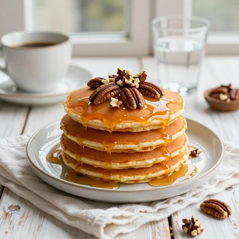 Kürbis-Zimt-Pancakes mit Ahornsirup und Pekannüssen
