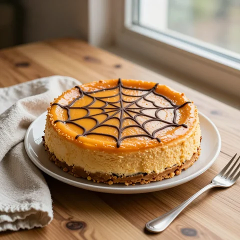 Kürbis-Cheesecake mit Schoko-Spinnennetz