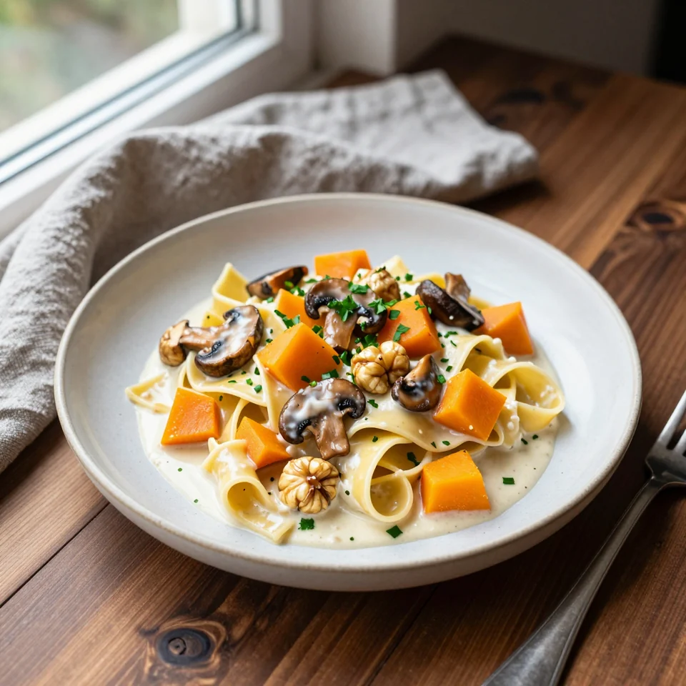 Kürbis-Maronen-Rahmragout mit Bandnudeln