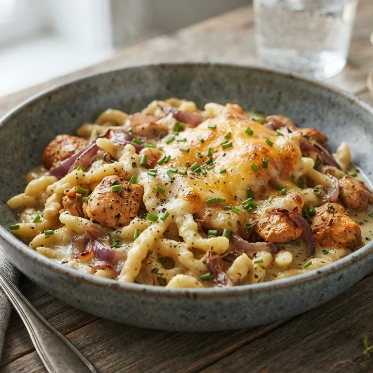 Spätzle-Hähnchen-Blech mit Kräuter-Rahmsauce