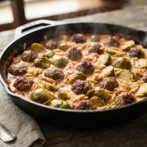Brussels Sprouts and Meatball Skillet with Orzo