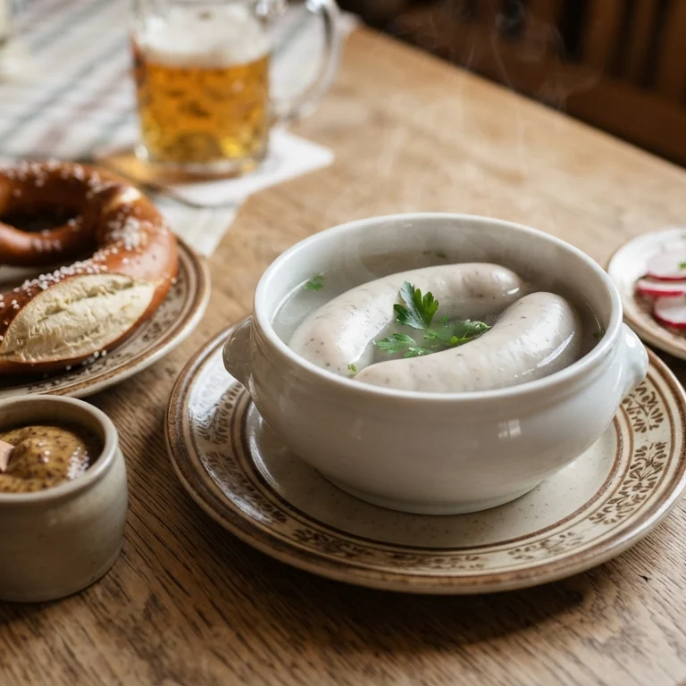 Weißwurstfrühstück mit Brezel und süßem Senf