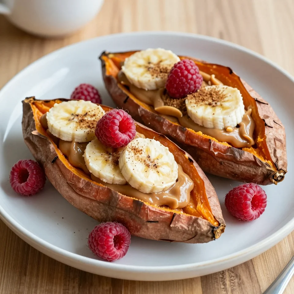 Gebackene Süßkartoffel mit Erdnussmus und Banane