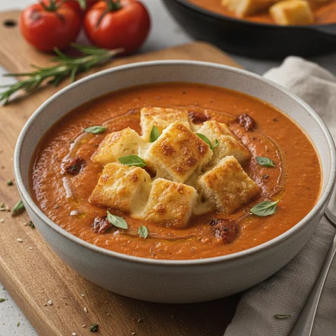 Geröstete Tomatensuppe mit Grilled-Cheese-Croutons