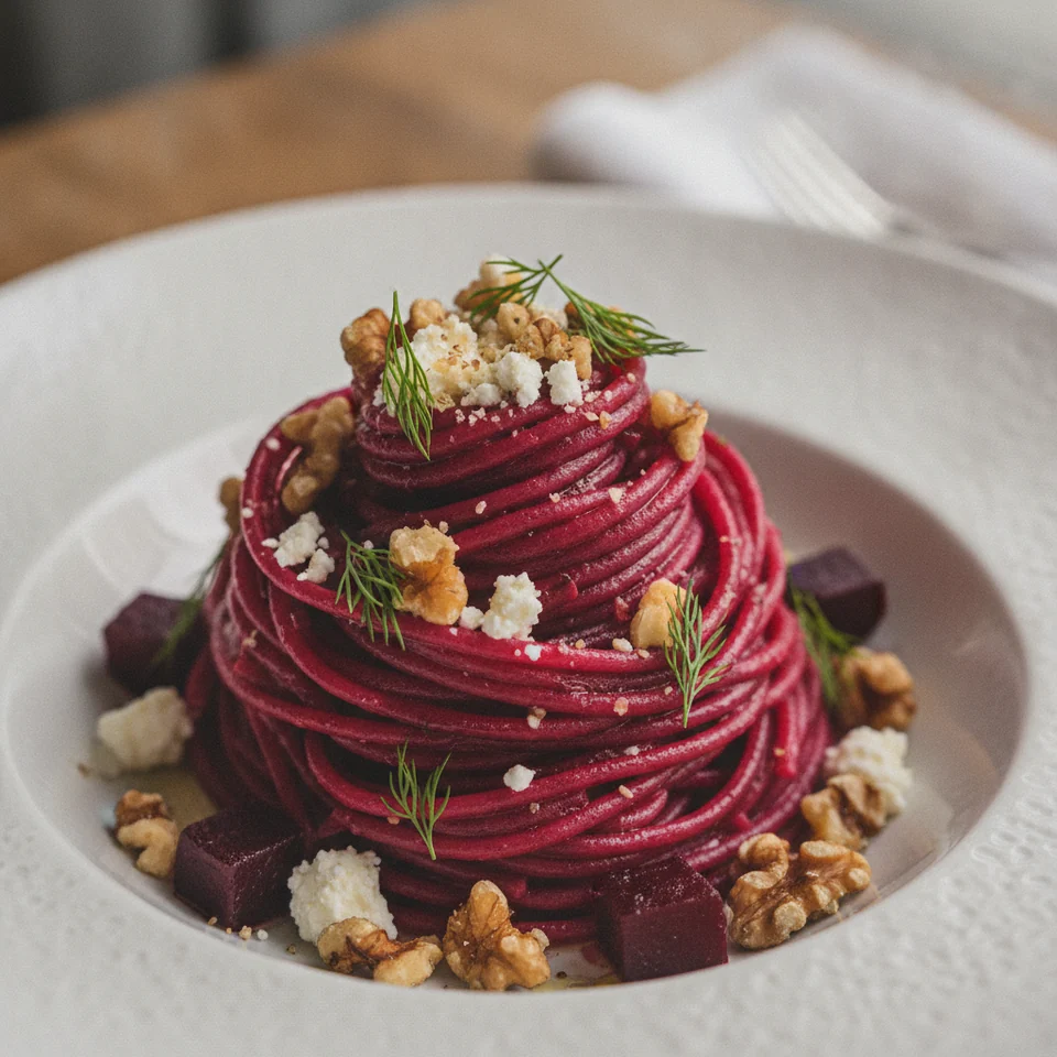 Beetroot Pasta with Walnuts