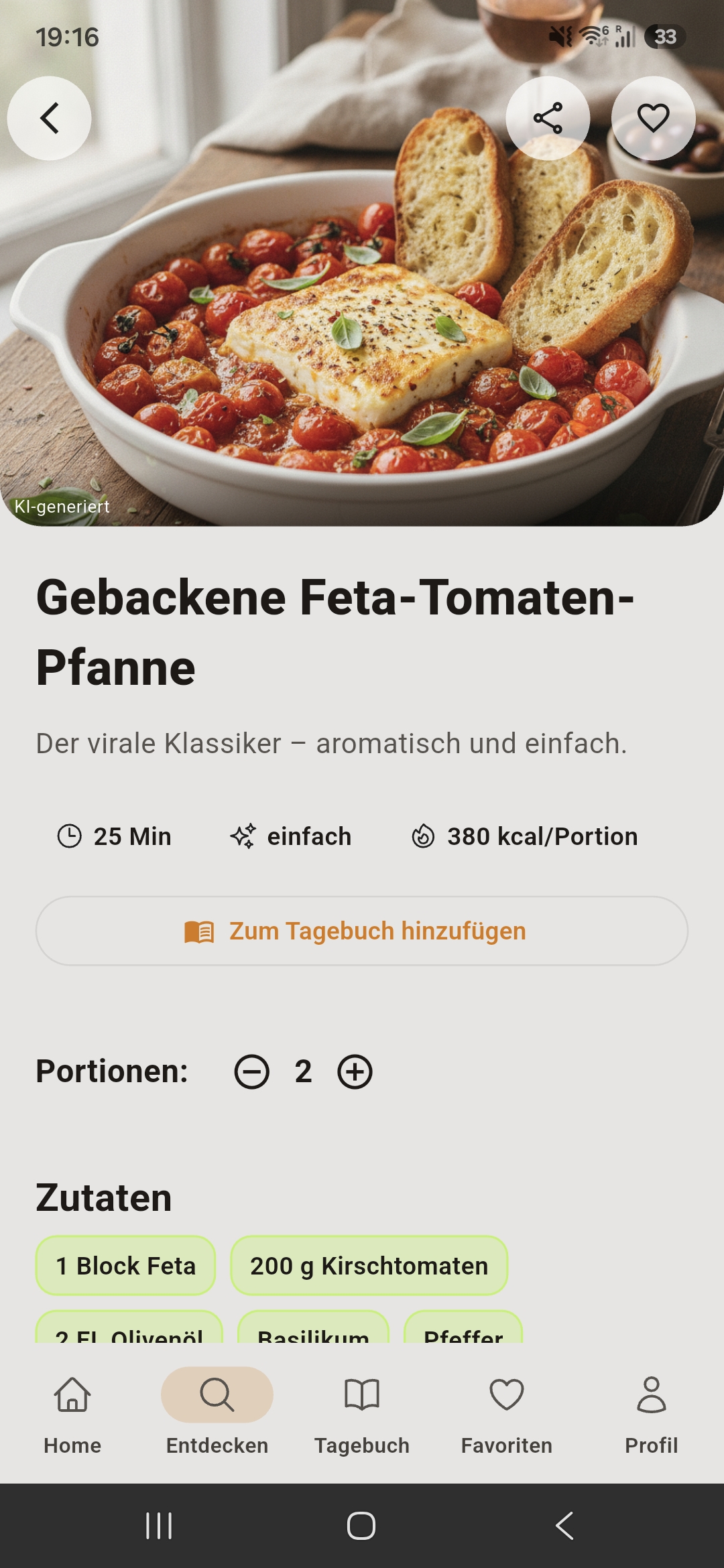 CookGen Rezept-Detail mit Zutaten und Schritten