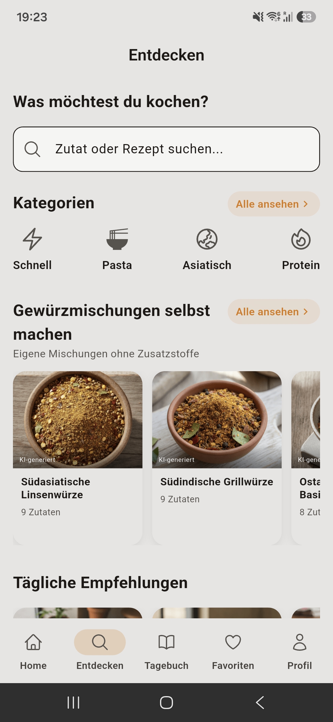 CookGen Entdecken-Screen mit Kategorien