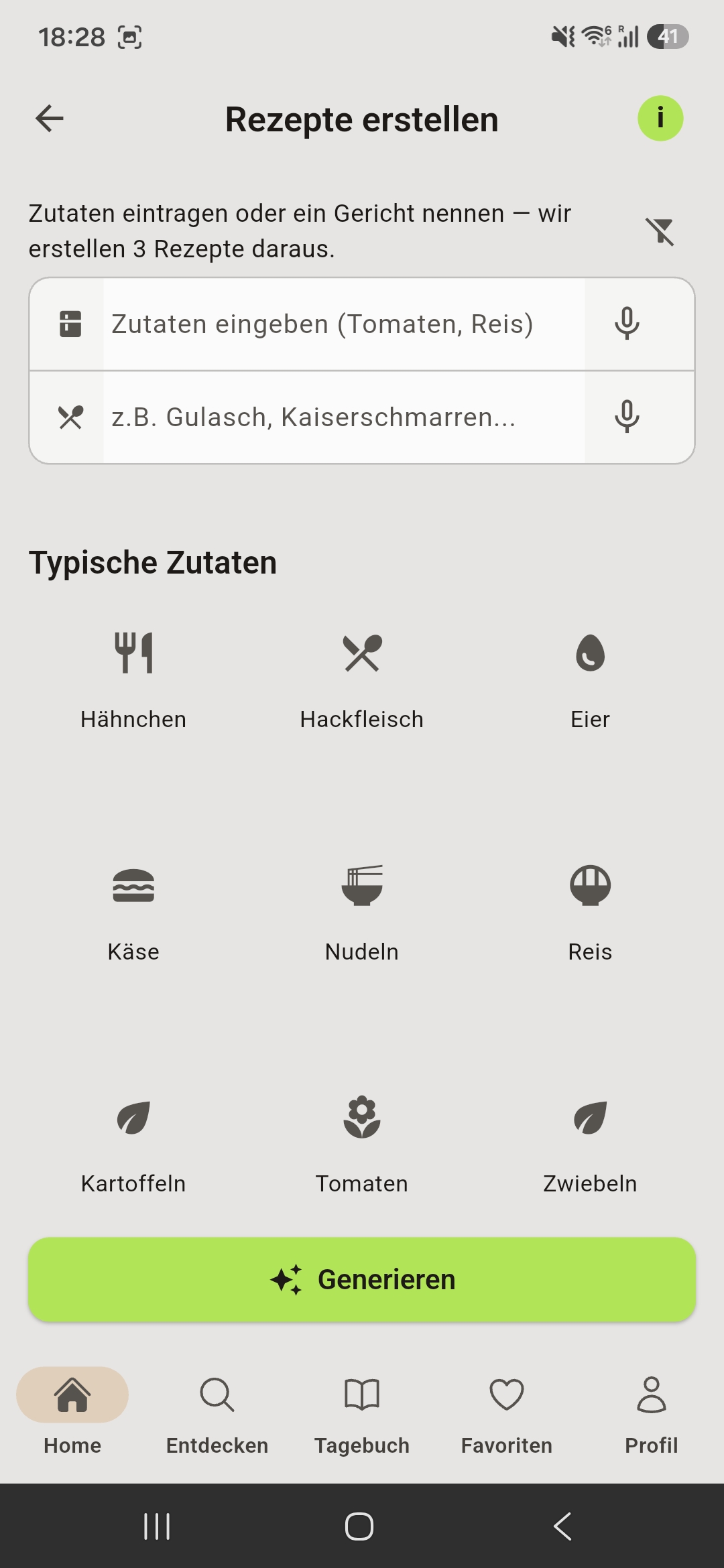 CookGen Zutaten eingeben