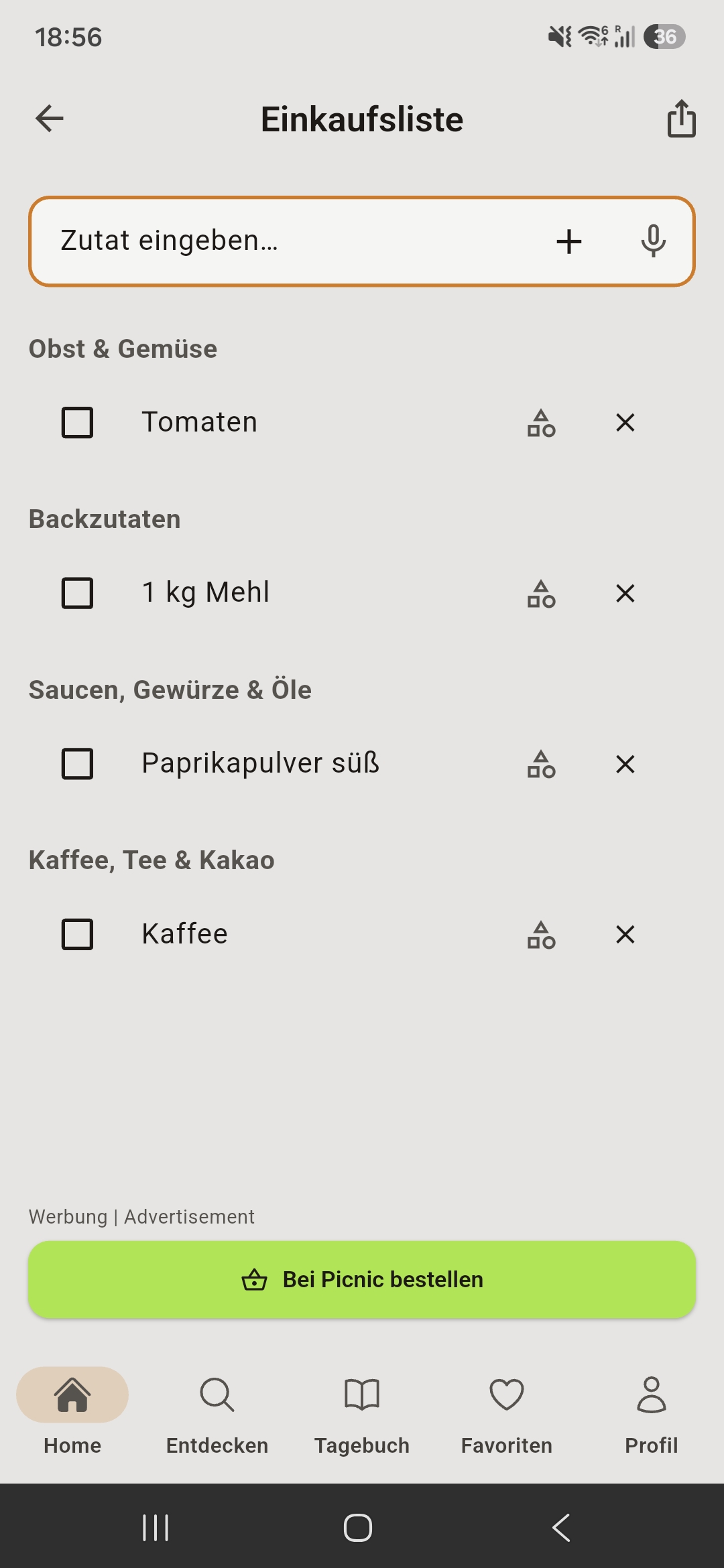 CookGen Einkaufsliste nach Kategorien sortiert